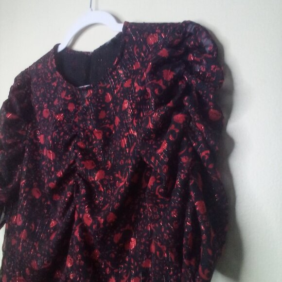 Express Blouse Shirt Women S 1/2 Gathered Sleeves Lined Pattern Red Black - Picture 7 of 15